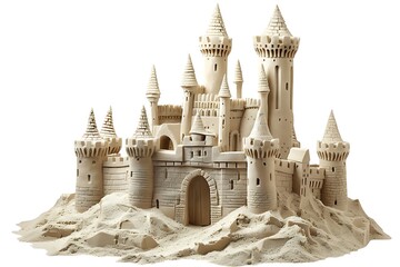 A sandcastle made of soft, beige-colored modeling clay stands on the beach against a white background