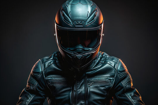 A man wearing a black helmet and leather jacket on a dark background with studio light
