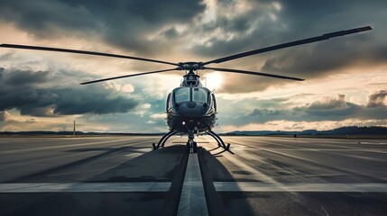 A rotary-wing aircraft standing on the runway ready