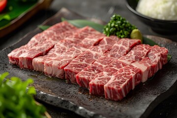 Fototapeta premium Close-up of fresh marbled beef cubes ready for cooking, placed on a dark slate platter with garnish and a blurred background.