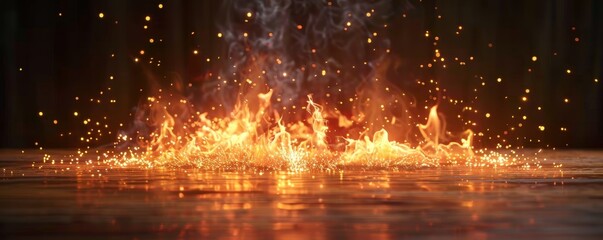 Vibrant flames and sparks bursting on a dark background, creating a dramatic and intense fire effect in a dynamic, atmospheric scene.