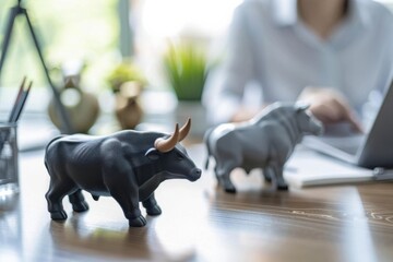 Stock market concept with bull and bear figurines on a desk, background blurred person working on a laptop, symbolizing market trends.