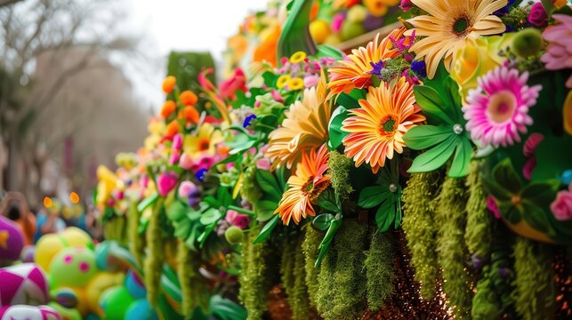 Colorful St Patricks Day parade float adorned with flowers and shamrocks, St Patricks Day, parade float