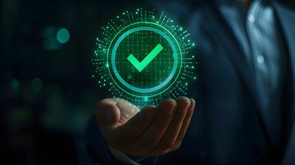 A hand holding a green check mark