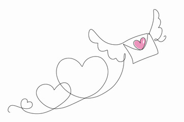 Continuous one line of Love letter with wings and pink heart cartoon doodle vector illustration hand drawn isolated on white background