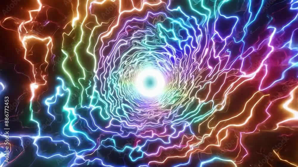 Poster mesmerizing energy vortex of colorful, bright, pulsating lines swirling towards a central white ligh