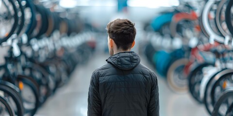 Man browsing electric bikes in urban cycle store. Concept Biking, Urban Living, Sustainable Transportation, Electric Vehicles, Consumer Choices