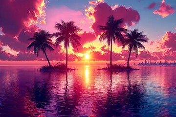 Tropical sunset Palm trees silhouetted against a vibrant sunset