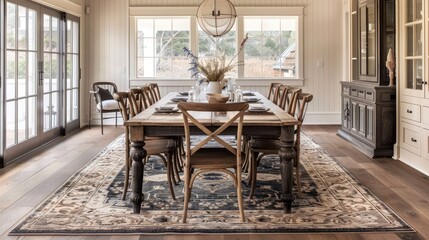 Fototapeta premium cozy farmhouse dining room with traditional style wood and linen decor vintage rug and warm atmosphere home interior design ideas