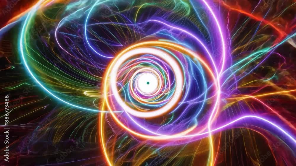 Poster hypnotic neon light streaks spiral into a bright vortex, creating a mesmerizing and dynamic visual e