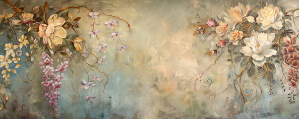 A stucco wall painted with an elaborate floral pattern. The design includes magnolias, wisteria, and camellias in soft, muted tones, creating a sophisticated and elegant mural.