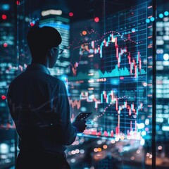 finance professional analyzes holographic stock market data futuristic cityscape backdrop highlights the intersection of technology and global markets