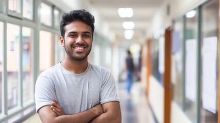 Obraz premium Indian Male University Student Smiling in a Bright Corridor, Embracing Education and Confidence