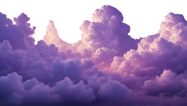 Purple clouds and smoke on a transparent background,  fluffy clouds, realistic clouds, clouds in the sky 
