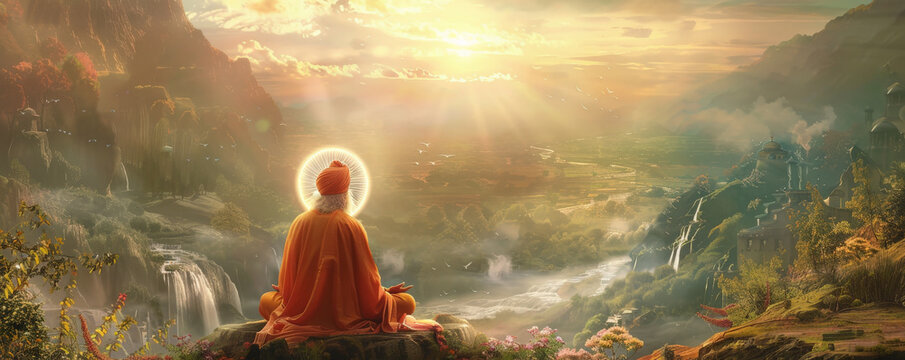 An inspiring image of Guru Nanak, the founder of Sikhism, seated in meditation with a radiant halo. The background features a serene landscape with flowing rivers and lush greenery, symbolizing peace