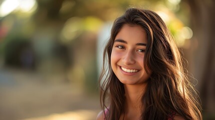 Obraz premium Beautiful Smiling Southern European Teenage Girl Outdoors in Natural Light, Youth and Happiness, Perfect for Print, Posters, Cards