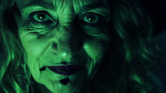 Elderly woman in witch costume, lit by eerie green light, smiles creepily for a spooky halloween vibe. Perfect for horror or supernatural themes