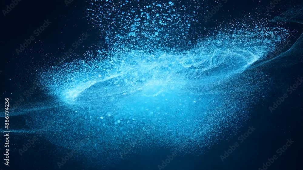 Poster blue particles form an explosive ring in dark space. abstract digital motion background for futurist