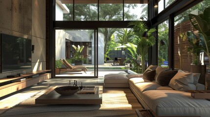 Fototapeta premium large modern living room with organic calm styled space made with natural materials and earthy tones serene atmosphere and cozy decor