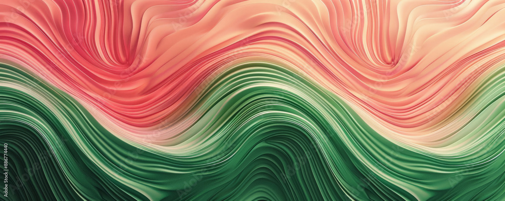Poster a radiant gradient wave pattern with bold transitions from green to pink, featuring smooth, undulati