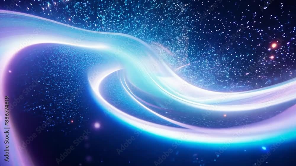 Poster Dynamic cosmic light trails create mesmerizing aurora effects in a deep space setting. Colorful swirls and particles move through a dark starry background
