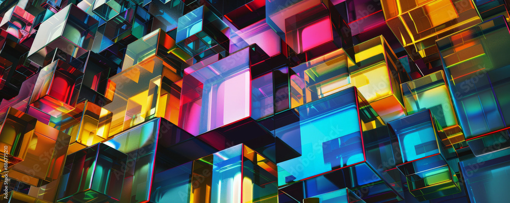 Poster a dynamic geometric pattern with colorful glass cubes in various sizes, forming a 3d mosaic on a