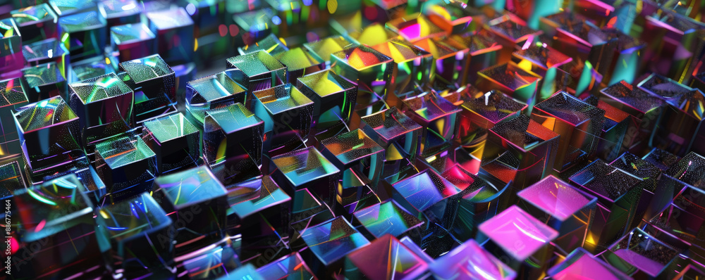 Poster a futuristic geometric pattern with transparent glass cubes, arranged in a honeycomb structure on a
