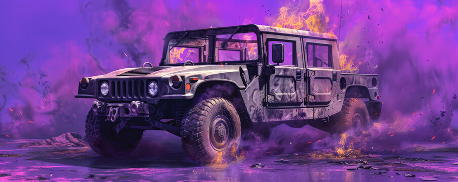 A burning military humvee with fierce flames and swirling smoke, isolated on a vibrant purple