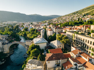  aerial view of the historic town of Mostar with famous Old Bridge , Bosnia and Herzegovina