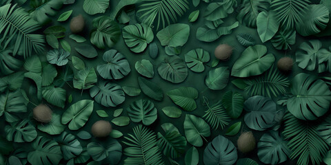 A green background with many leaves and a few small brown objects