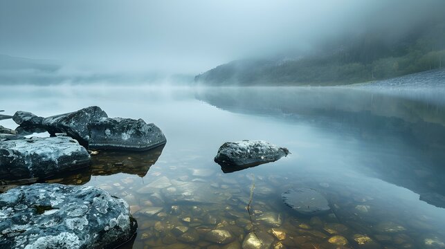 The fjord is immersed in morning mist