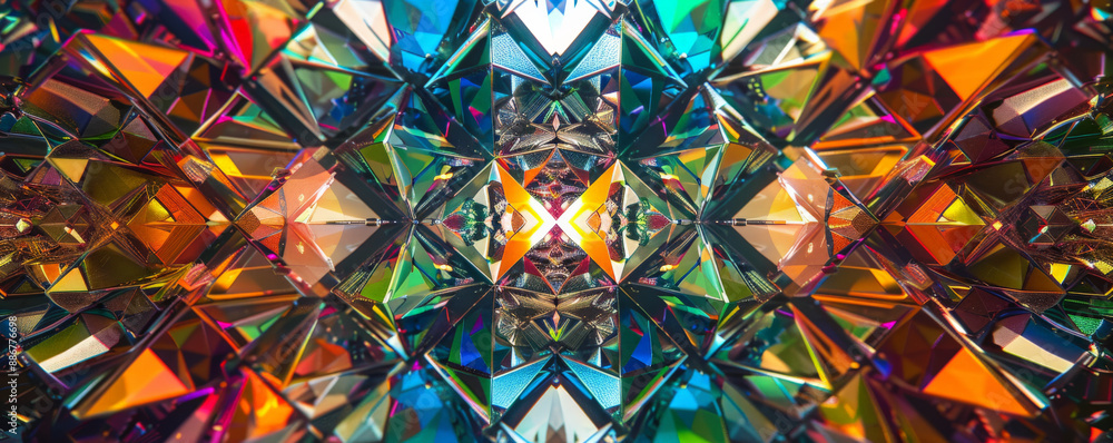 Poster a vibrant geometric pattern with multicolored glass cubes, forming a kaleidoscopic design on a dark 