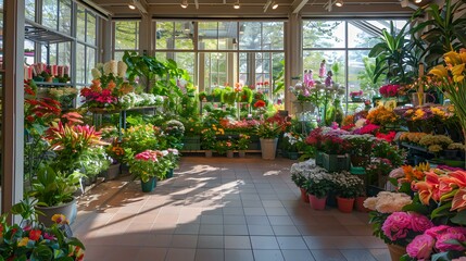A flower shop with large display windows filled image