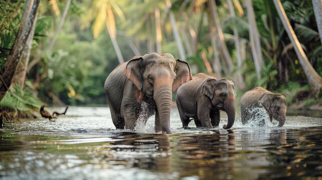 Manada de tres elefantes en el rio en vida salvaje en la naturaleza. Animal salvaje en un rio tropical.