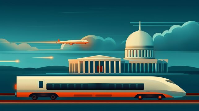 Cartoon strip illustrating the evolution of transportation infrastructure, from ancient roads to high-speed railways and smart highways. Illustration, Image, , Minimalism,