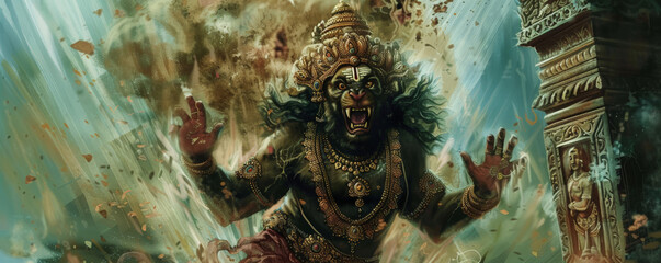 A powerful image of Lord Narasimha, the lion-headed avatar of Vishnu, emerging from a pillar to protect his devotee Prahlada. He is shown tearing apart the demon Hiranyakashipu, symbolizing the