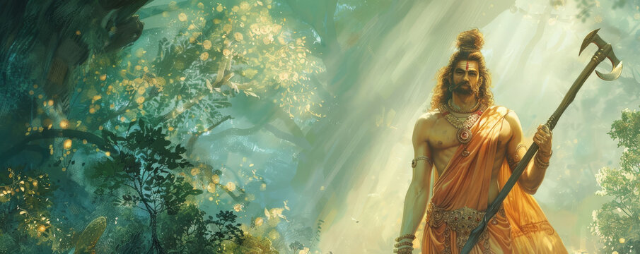 A serene portrayal of Lord Parashurama, the warrior-sage, standing with his axe in a forest setting. He is shown with a calm demeanor, symbolizing his role as a protector of dharma and a destroyer of