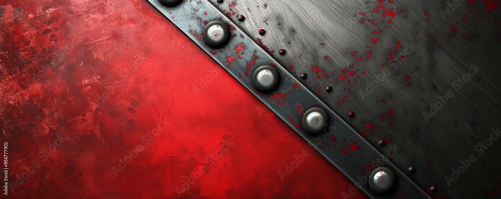 Aufkleber a dynamic abstract background featuring a metallic panel with riveted edges, against a bold red and