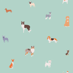 Seamless pattern with dog breeds. Vector illustration for textile, decoration and packaging. Border collie, Basset hound, Golden doodle and more