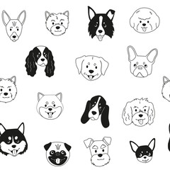 Fototapeta premium Seamless pattern with cartoon dog faces in vector. Black and white cute puppies including Pug, Bichon Frise, West Highland White Terrier and Shiba Inu