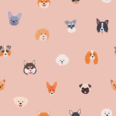 Happy dog faces vector seamless pattern. Cute smiling Labrador, Husky, French Bulldog, Pug and other breeds. Illustration for textile or fabric design