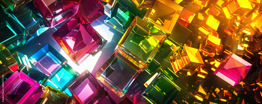 Poster a vibrant geometric design with multicolored glass cubes, forming a complex, interlocking pattern on