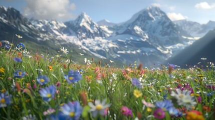 Obraz premium Alpine meadows covered with blooming wildflowers against img