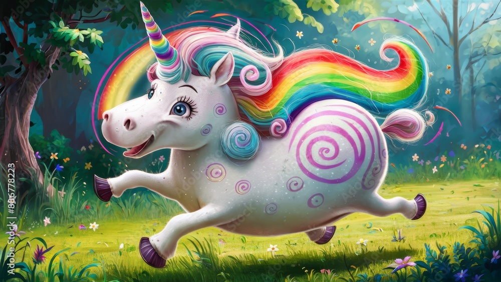 Wall mural A painting of a unicorn with rainbow hair running through the grass, AI