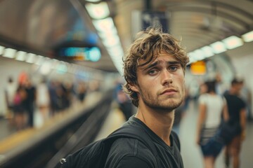 A man stands in a crowded subway station, surrounded by people but completely detached, staring blankly at the ground. The bustling environment contrasts sharply with his withdrawn and anxious