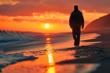 A man walks alone along a deserted beach at sunset, his head down and hands in his pockets. The vast, empty shoreline and the setting sun create a poignant backdrop for his feelings of loneliness and