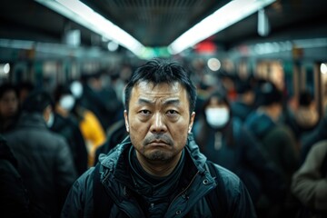 Fototapeta premium A man stands in a crowded subway station, surrounded by people but completely detached, staring blankly at the ground. The bustling environment contrasts sharply with his withdrawn and anxious
