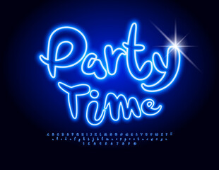 Vector event banner Party Time. Glowing Blue Font. Funny Neon Alphabet Letters and Numbers set.