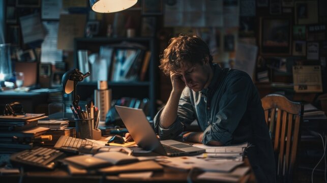 A man sits at his desk in a dimly lit room, surrounded by papers and a laptop, his face buried in his hands. The cluttered workspace and dark surroundings reflect his overwhelmed state of mind, as he