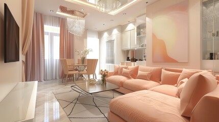 peach fuzz colors bring warmth and coziness to this modern living room interior design of a spacious bright house with velvety delicate shade of peach tone